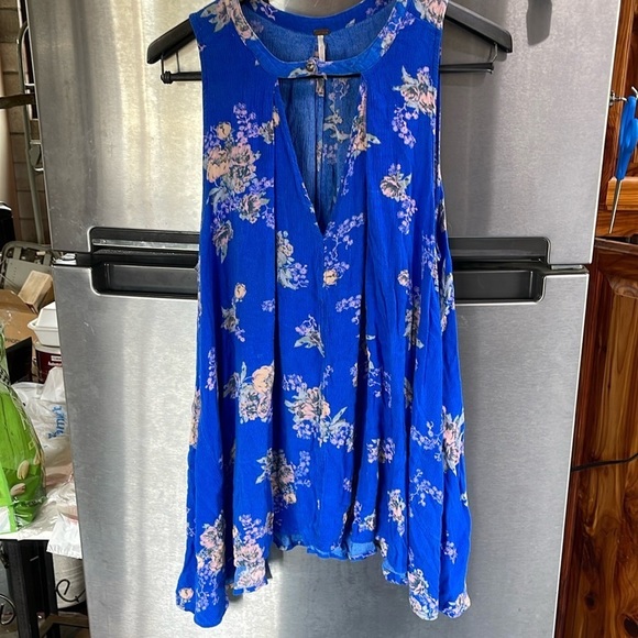 Free People Floral Sleeveless keyhole Tunic Top/Mini Dress women’s Sz S , Blue - Picture 2 of 16